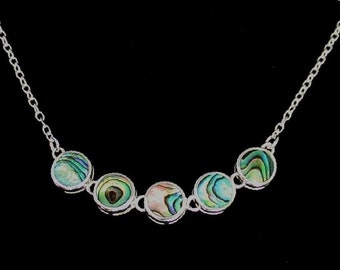 Beautiful green natural abalone shell necklace. Round link abalone in sterling silver necklace
