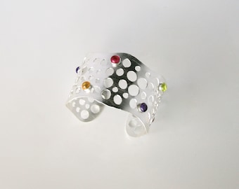Handmade sterling silver cuff bracelet with multi tourmaline beads . Colorful Intricate - 'Royal Cuff'