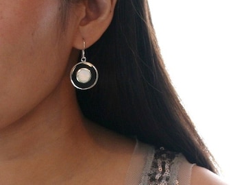 Modern and Elegant Black Stone and White Oyster shell round shape in Sterling Silver setting. Simple Classy Black and White earrings.