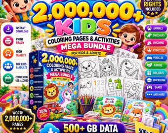 May include: A digital mega bundle of 2,000,000+ kids coloring pages and activities, featuring cartoon characters, educational worksheets, and busy books. The set includes 500+ GB of data, print-ready files, and commercial use rights.