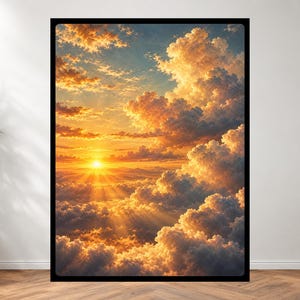 Extra Large Cloud Art | Golden Sunset Sky Print | Dramatic Cloudscape Wall Decor | Orange and Blue Sky Poster | Serene Nature Artwork