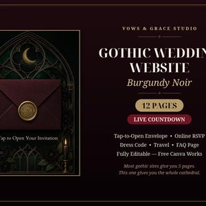 Burgundy Gothic Wedding Website Template, Editable Canva | 12 Pages, Dark Romance, Live Countdown | Halloween Wedding Website with RSVP