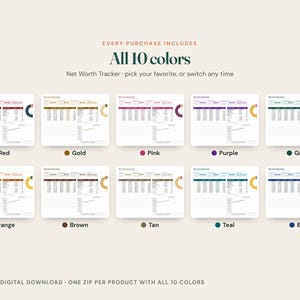 Pu&ograve; includere: Un modello di foglio di calcolo per il monitoraggio del patrimonio netto disponibile in dieci diversi temi di colore, tra cui rosso, oro, rosa, viola, verde, arancione, marrone, marrone chiaro, verde acqua e blu, con tabelle e grafici.