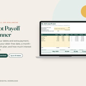 Pu&ograve; includere: Un pianificatore digitale per il rimborso dei debiti visualizzato sullo schermo di un portatile, con un foglio di calcolo che include colonne per debito, saldo, tasso di interesse e data di estinzione. Il testo recita Snowball or Avalanche Debt Payoff Planner.
