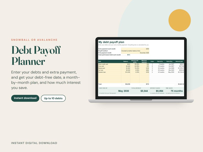 Pu&ograve; includere: Un pianificatore digitale per il rimborso dei debiti visualizzato sullo schermo di un portatile, con un foglio di calcolo che include colonne per debito, saldo, tasso di interesse e data di estinzione. Il testo recita Snowball or Avalanche Debt Payoff Planner.