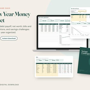Pu&ograve; includere: Un pacchetto digitale New Year Money Reset che include un computer portatile con una dashboard del patrimonio netto, un piano di estinzione del debito, un foglio di calcolo delle bollette e una guida al risparmio con elementi grafici circolari.