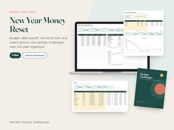 New Year Money Reset Bundle: Budget Spreadsheet, Debt Payoff, Net Worth, Bill Tracker, Savings