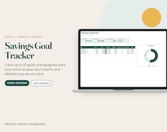 Può includere: Un tracker digitale per obiettivi di risparmio per Excel e Google Sheets visualizzato su uno schermo di un portatile. L'interfaccia mostra una dashboard con barre di avanzamento, dati finanziari e un grafico a ciambella.