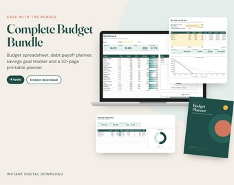 Può includere: Un pacchetto budget digitale con un laptop che mostra una dashboard, un piano di estinzione del debito, un tracker per i risparmi e un'agenda stampabile di 32 pagine. Il testo recita Complete Budget Bundle e Budget Planner.