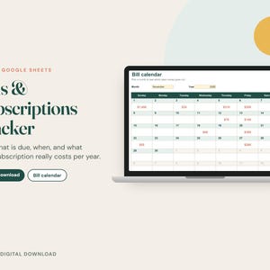 Pu&ograve; includere: Uno schermo di un portatile mostra un tracker digitale per bollette e abbonamenti per Excel e Google Sheets. L'interfaccia presenta un calendario mensile con date, importi in rosso e menu a tendina per la selezione.