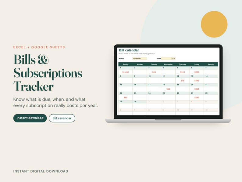 Pu&ograve; includere: Uno schermo di un portatile mostra un tracker digitale per bollette e abbonamenti per Excel e Google Sheets. L'interfaccia presenta un calendario mensile con date, importi in rosso e menu a tendina per la selezione.