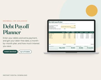 Può includere: Un pianificatore digitale per il rimborso dei debiti visualizzato sullo schermo di un portatile, con un foglio di calcolo che include colonne per debito, saldo, tasso di interesse e data di estinzione. Il testo recita Snowball or Avalanche Debt Payoff Planner.