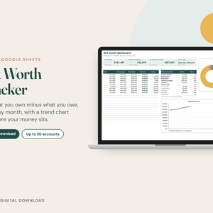 Pu&ograve; includere: Un tracker digitale del patrimonio netto per Excel e Google Sheets visualizzato su uno schermo di un portatile. L'interfaccia presenta una dashboard con tabelle finanziarie, un grafico a ciambella e un grafico a linee. Testo: Net Worth Tracker.