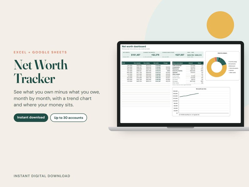 Pu&ograve; includere: Un tracker digitale del patrimonio netto per Excel e Google Sheets visualizzato su uno schermo di un portatile. L'interfaccia presenta una dashboard con tabelle finanziarie, un grafico a ciambella e un grafico a linee. Testo: Net Worth Tracker.