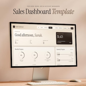 May include: A computer monitor displaying a Sales Dashboard Template for SDRs, BDRs, AEs, and Account Managers. The screen shows Sarah's Dashboard with metrics for meetings, opportunities, workdays left, and progress charts in a neutral beige color scheme.