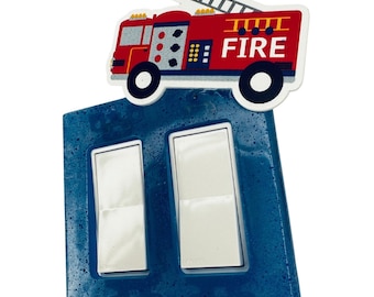 Blue Pop Art Fireman Truck Switch plate, art deco decor, retro wall art, boys wall art, game room gift for young boy, wood outlet cover