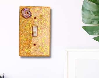 Glitter Peach gold switch plate  with 3d Crystal donut light switch plate cover, sheshed decor, renter safe friendly decor, outlet covers