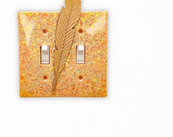 Glitter Peach gold switch plate wood feather, double toggle switch plate cover, fall leaf decor, renter safe friendly decor, outlet covers
