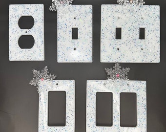 Snowflake light switch, outlet cover, winter room decor, glitter cover, vintage switchplate, holiday party decor, renter friendly decorative