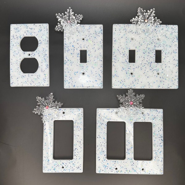 Snowflake light switch, outlet cover, winter room decor, glitter cover, vintage switchplate, holiday party decor, renter friendly decorative