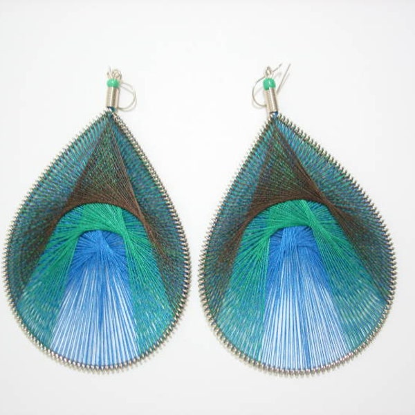 Peruvian Thread earrings Peacock colors Large Size