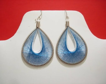 Peruvian Thread earrings Turquoise and White colors Small Size