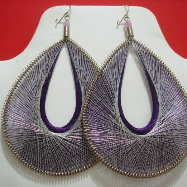 Peruvian Thread earrings Silver and Purple colors Large Size