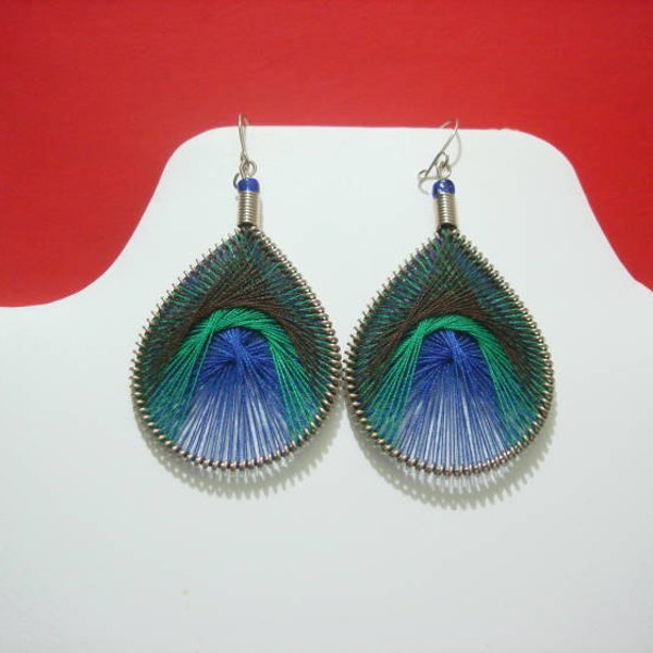Peruvian Thread earrings Peacock colors Small Size