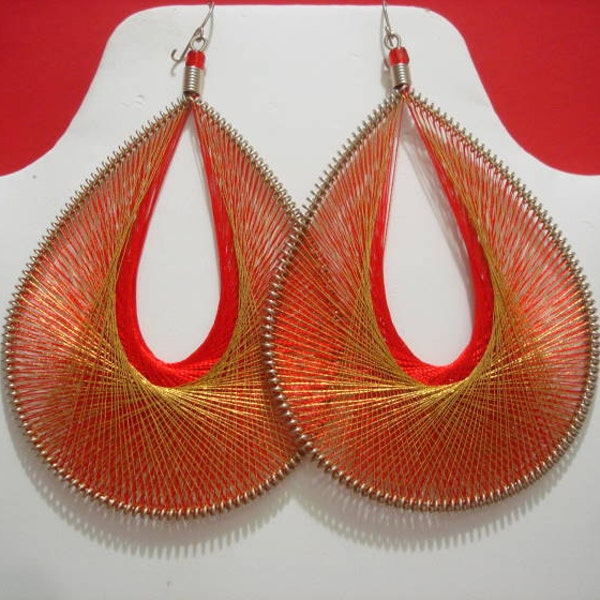 Peruvian Thread earrings Gold and Red colors Large Size