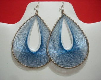 Peruvian Thread earrings Turquoise and White colors Large Size