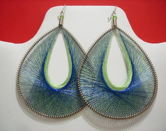 Peruvian Thread earrings Blue and Light Green colors Large Size