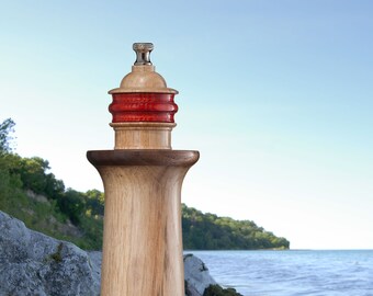 Harbor Beacon Pepper Mill in Persimmon with Black Walnut Base & Gallery with Ruby Ash Lens