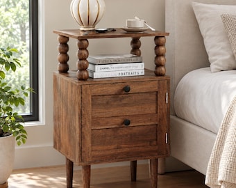Mesita de noche moderna estilo granja con armario de almacenamiento, mesa auxiliar decorativa con cuentas, mesa auxiliar con aspecto de madera y estante abierto para dormitorio.
