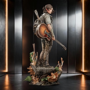 May include: A detailed figurine of a person with shoulder-length brown hair, wearing a grey t-shirt and pants, carrying a backpack and a wooden acoustic guitar. The figure stands on a textured base decorated with sculpted mushrooms and green ferns.