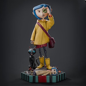 May include: A collectible figurine of a character with blue hair, wearing a yellow raincoat, striped leggings, and yellow boots, holding a green button over one eye. A black cat stands beside them, and a smaller doll lies on the striped base.