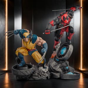May include: A detailed collectible statue featuring Wolverine in a yellow and blue suit with extended metal claws, crouching beside Deadpool, who is dressed in a red and black suit and wielding two swords while standing on a metallic base.