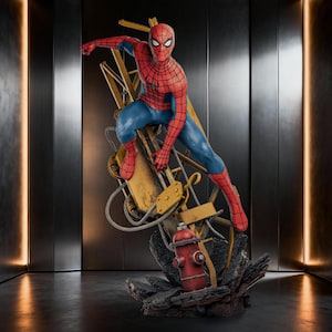 May include: A detailed Spider-Man figurine in a red and blue suit with a black web pattern, posed dynamically atop a base featuring a yellow construction beam, a red fire hydrant, and dark gray rubble, capturing a heroic action stance.