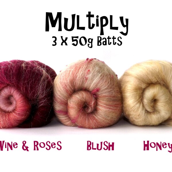 Spinning batts - Multi Packs - 3 X 50g batts - Ply packs - Blush/Wine and roses/Honey - MULTIPLY