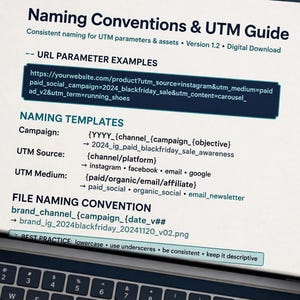 May include: A white document titled Naming Conventions & UTM Guide, Version 1.2, featuring URL parameter examples, naming templates for campaigns, sources, and mediums, plus file naming conventions and best practices for digital assets.
