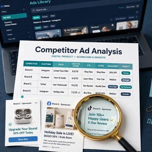May include: A printed Competitor Ad Analysis scorecard document featuring a table with brand data, placed on a laptop showing the Meta Ads Library. A gold-rimmed magnifying glass rests on the paper, alongside sticky notes and a pen.