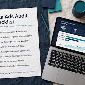 May include: A white paper Meta Ads Audit Checklist with teal checkmarks next to seven steps, positioned beside an open laptop displaying a dashboard with performance metrics, including spend, ROAS, and CTR data in teal and dark blue.