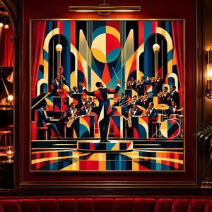 Puede incluir: Una gran pieza de arte mural cuadrada que presenta una colorida ilustración geométrica de una orquesta de jazz actuando en un escenario. Un director de orquesta está en un podio central, rodeado de músicos tocando instrumentos de viento, piano y contrabajo.