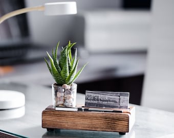 Wood Pen and Business Card Holder With Succulent Planter, Desk Organizer Caddy, Office Gift