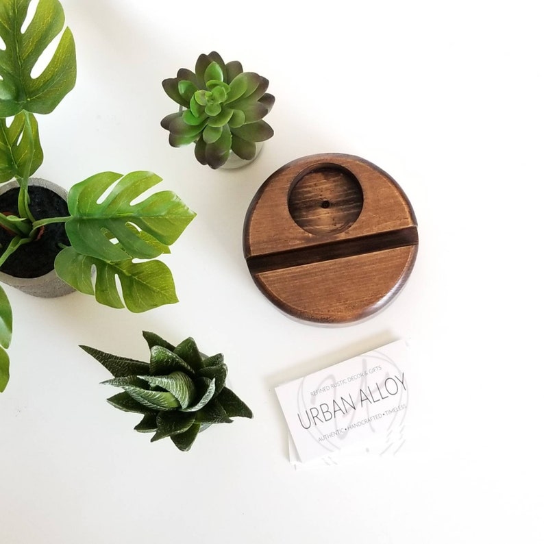 Round Wood Business Card Holder With Succulent Planter, Desk Caddy, Office Gift, Rustic Office Decor image 5