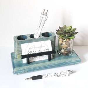 Wood Pen and Business Card Holder With Succulent Planter, Desk Organizer Caddy, Office Gift Worn Navy