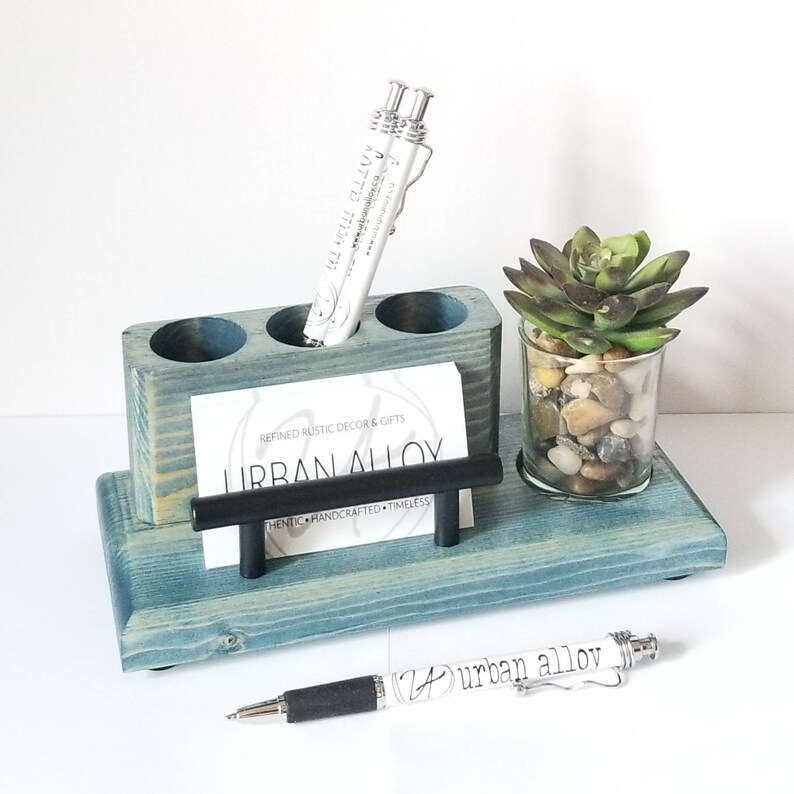 Porte-stylo en bois et porte-cartes de visite avec jardinière succulente, support pour organiseur de bureau, cadeau de bureau Worn Navy