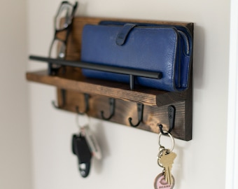 Mail and Key Entryway Organizer Shelf with Metal Hooks, Rustic Wood Organizer, Modern Entryway Decor, Farmhouse Decor, Housewarming Gift