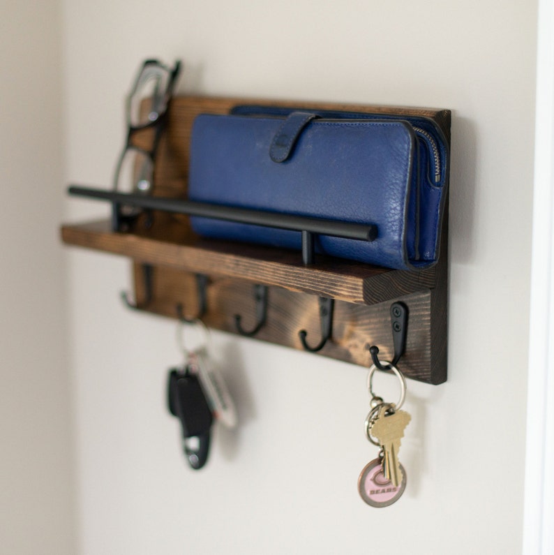Mail and Key Entryway Organizer Shelf With Metal Hooks Rustic Etsy