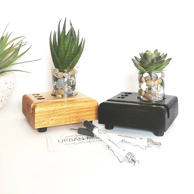 Wood Business Card Desk Organizer with Succulent Accent, Office Decor Gift, New Business Owner Gift, Succulent Planter image 6