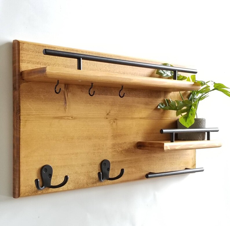 Wood Coat Rack Entryway Organizer, Mail Storage, Key Hook, Floating Shelf, Wall Mounted Wood Organizer, Entryway Hooks. Rustic Coat Rack afbeelding 8